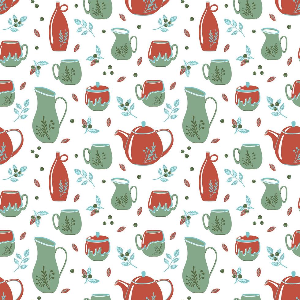 Ceramic kitchenware seamless pattern. Hand drawn tableware with decoration around isolated on white background. Vector illustration for pottery workshops, ceramic studio, home decor concept.