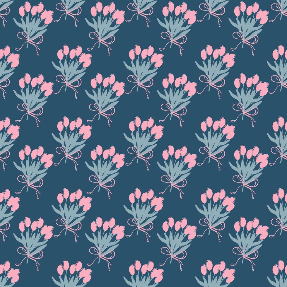 Flower bouquet seamless pattern. Endless ornament with tulips on dark background. Minimalistic style print in retro colors. Vector illustration.