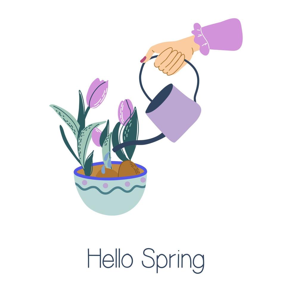 Hola primavera tarjeta. mujer es riego el flores con riego poder. encantador primavera diseño con flores plano estilo mano dibujado vector ilustración.