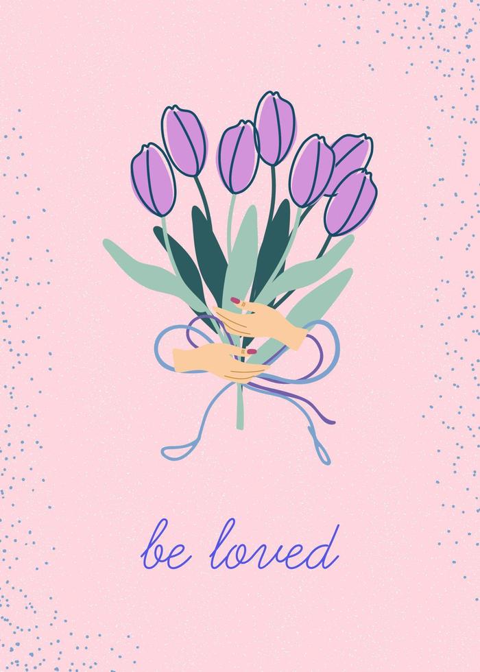 tulipanes ramo de flores y ser amado letras. contento De las mujeres día concepto. moderno saludo tarjeta. plano estilo vector ilustración.