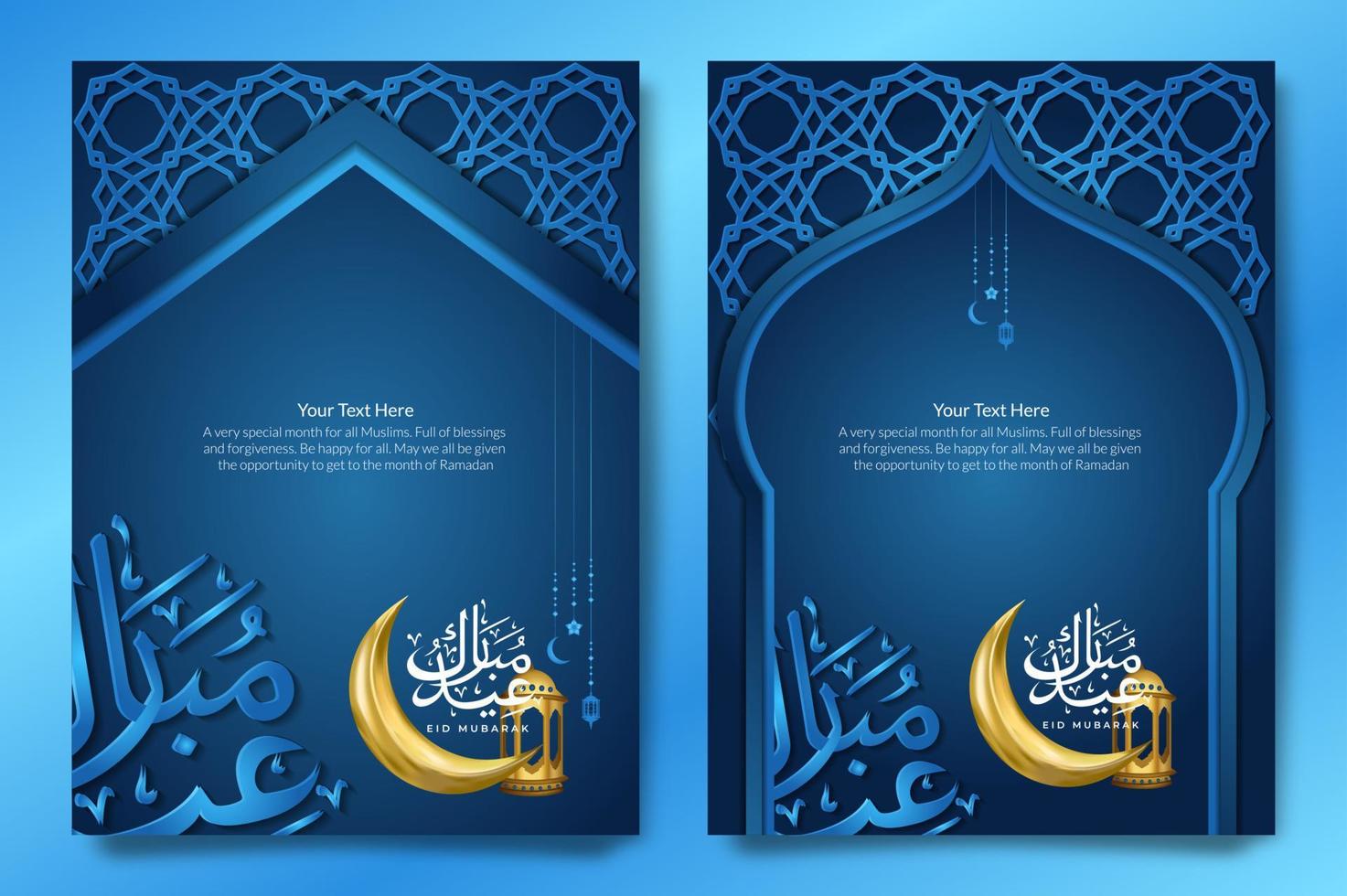 Set bundle of elegant blue eid mubarak flyer posters with Islamic geometric ornaments. Can be used for online or print content vector