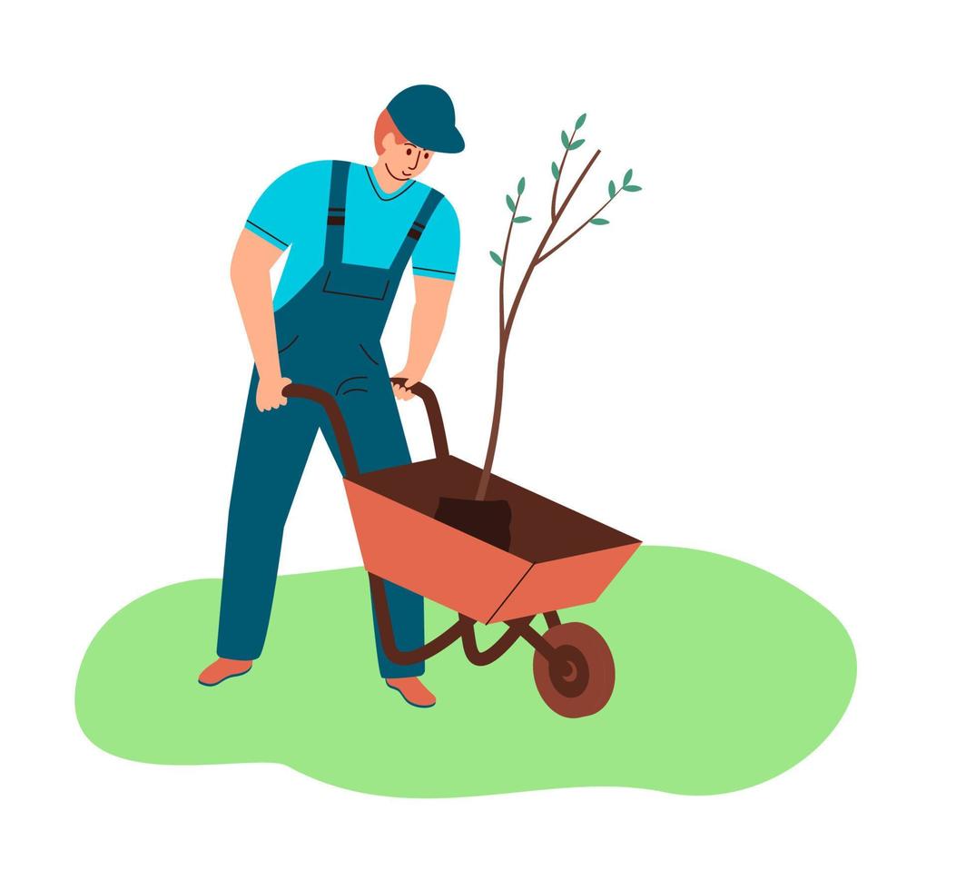 Agriculture and gardering concept. A man plants a tree. Spring work in the garden. vector