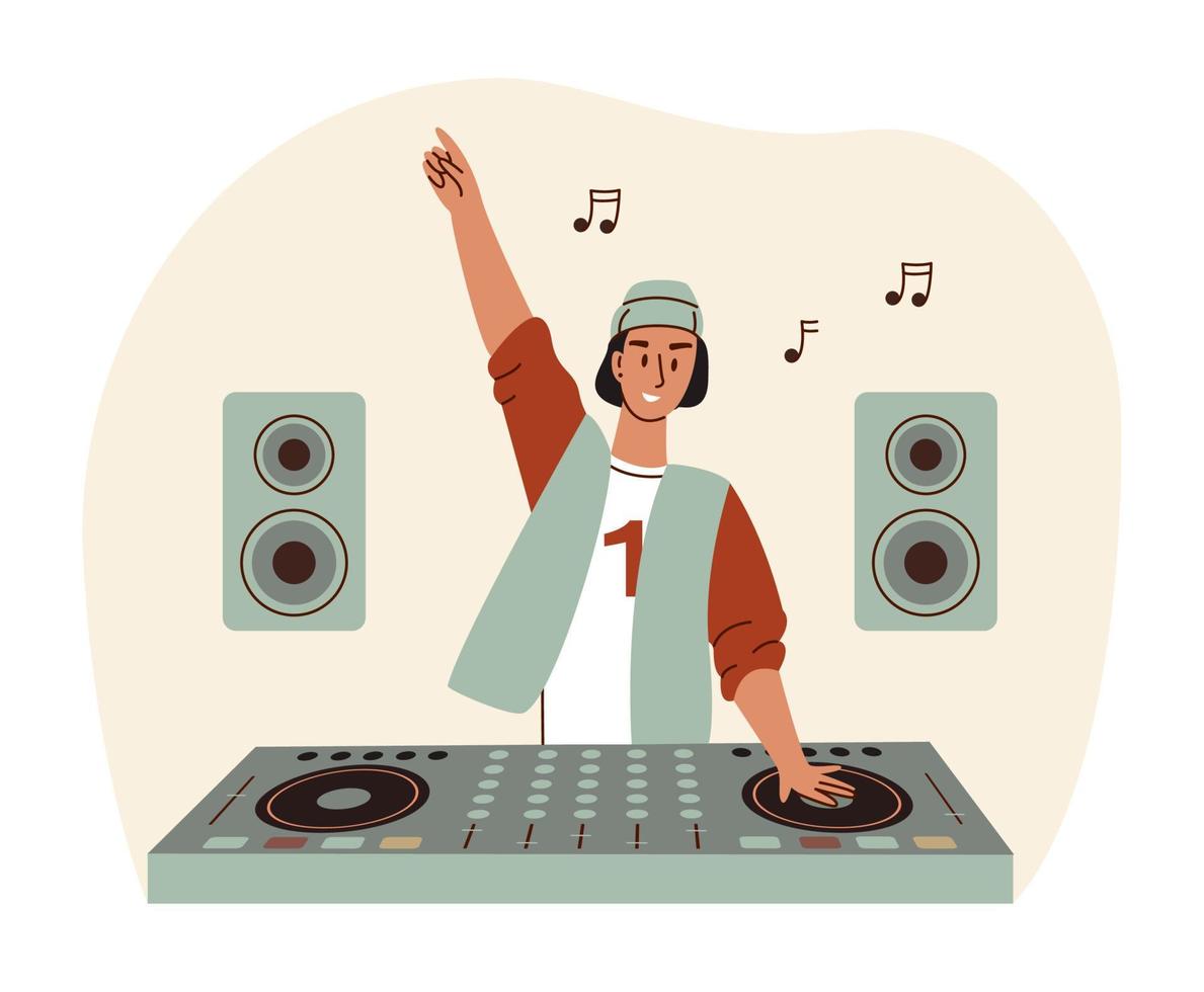 DJ concepto para música, radio, y En Vivo concierto. Dto jockey jugar registros en audio batidoras vector