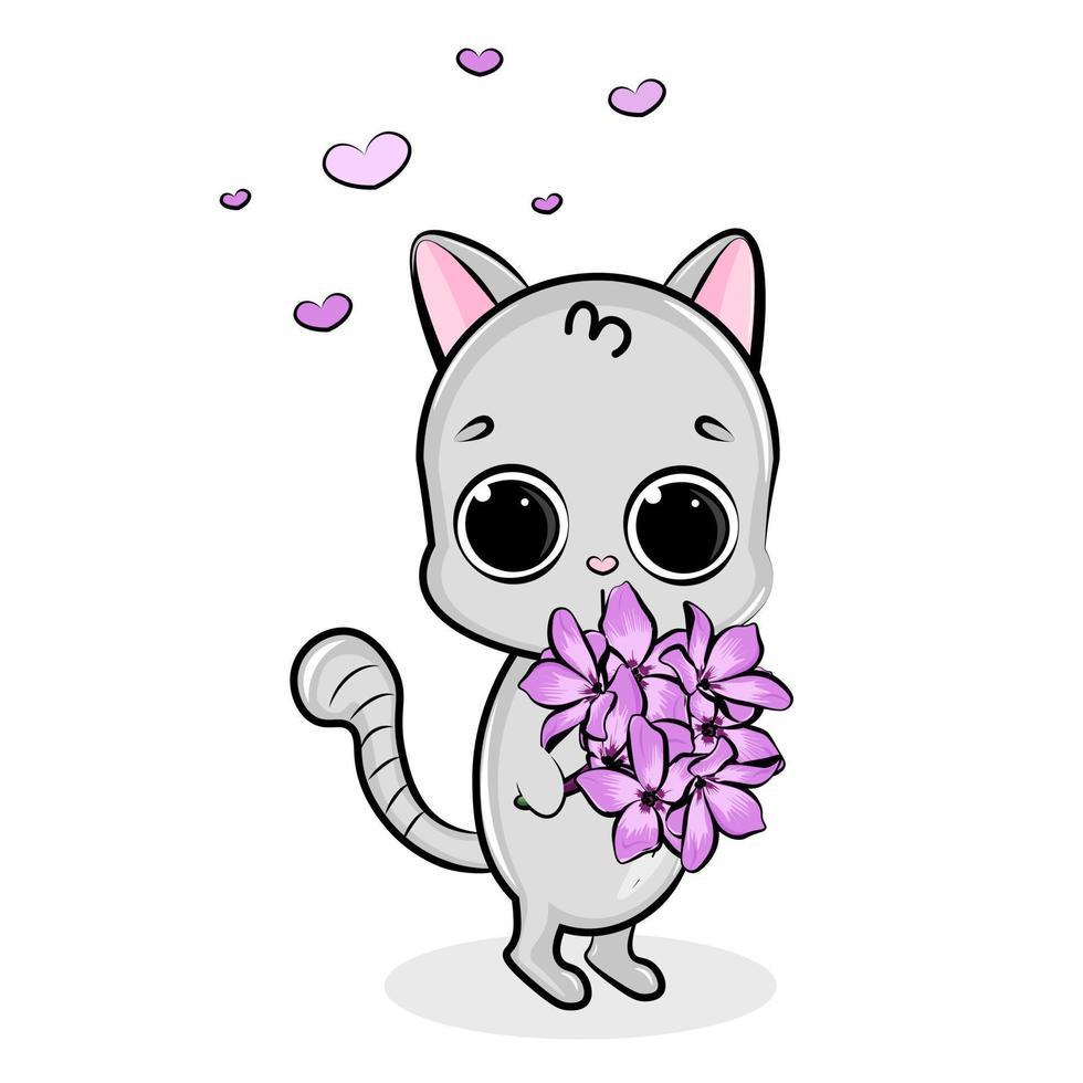 linda gato participación un ramo de flores de flores vector