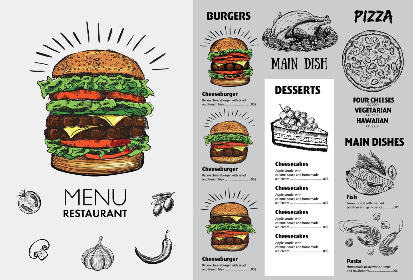 3372.epsMenu cafe restaurant design template. Flyer with hand-drawn graphic. vector