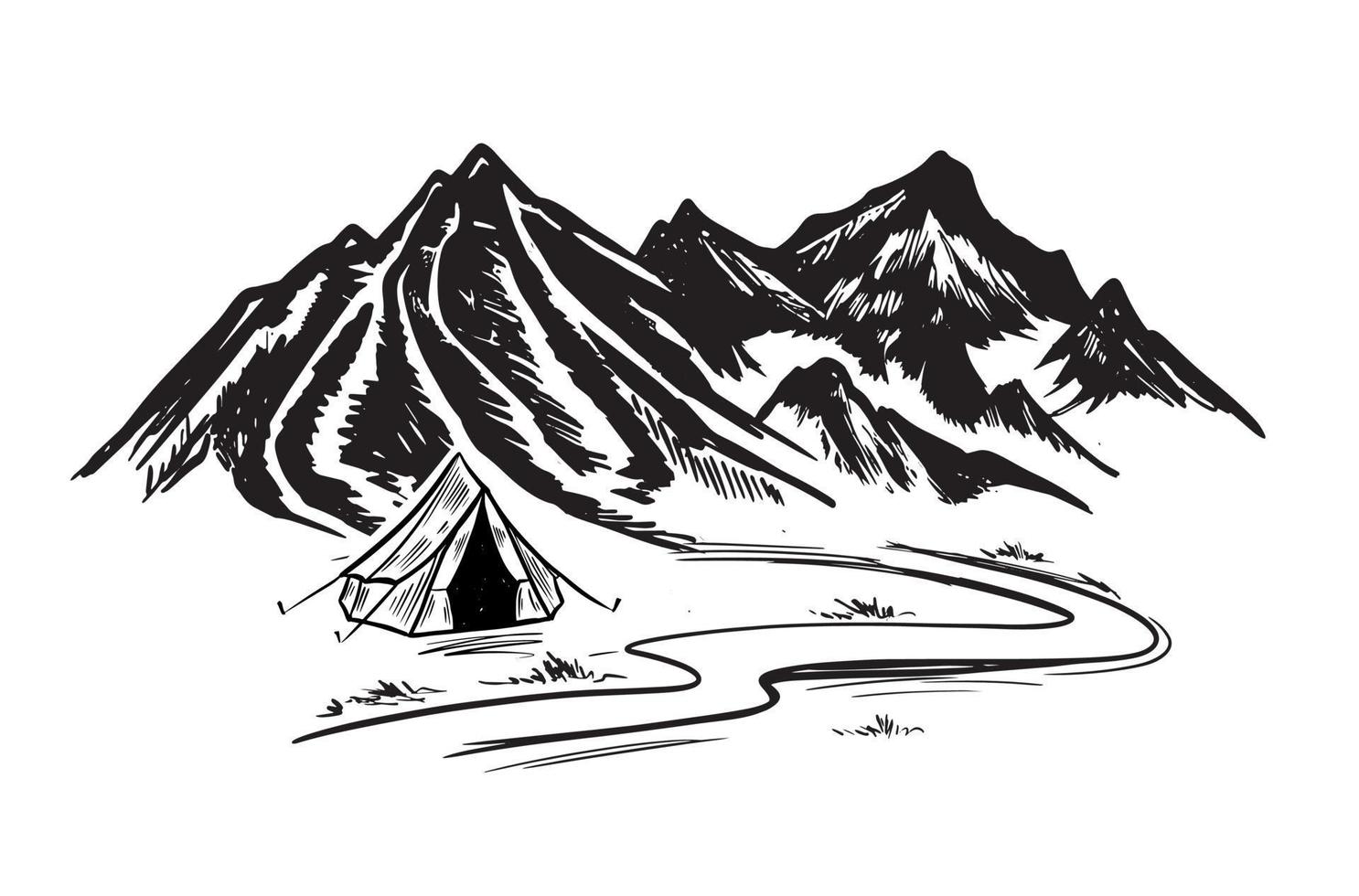 Mountain landscape, Camping in nature, sketch style, vector illustrations