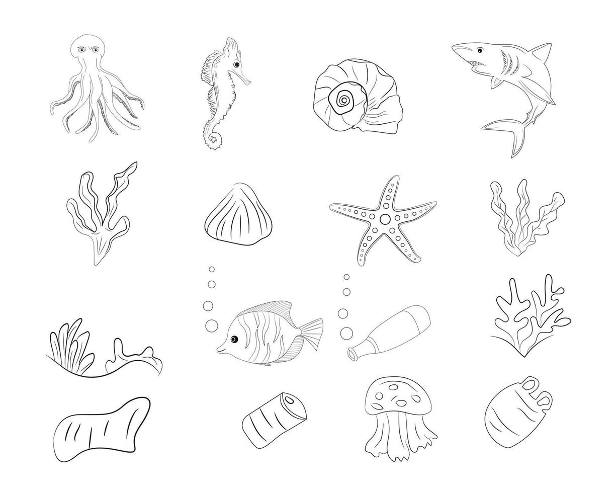 Sea animal doodles, under the sea ocean creature vector collection