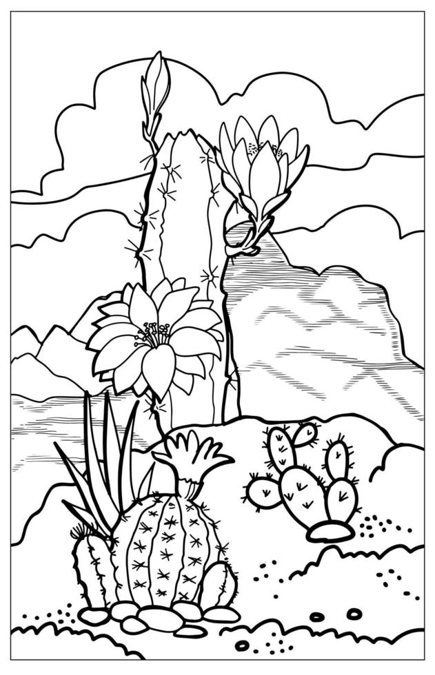 Blooming cactus in the desert. Arizona landscape. Coloring book antistress for children and adults. vector