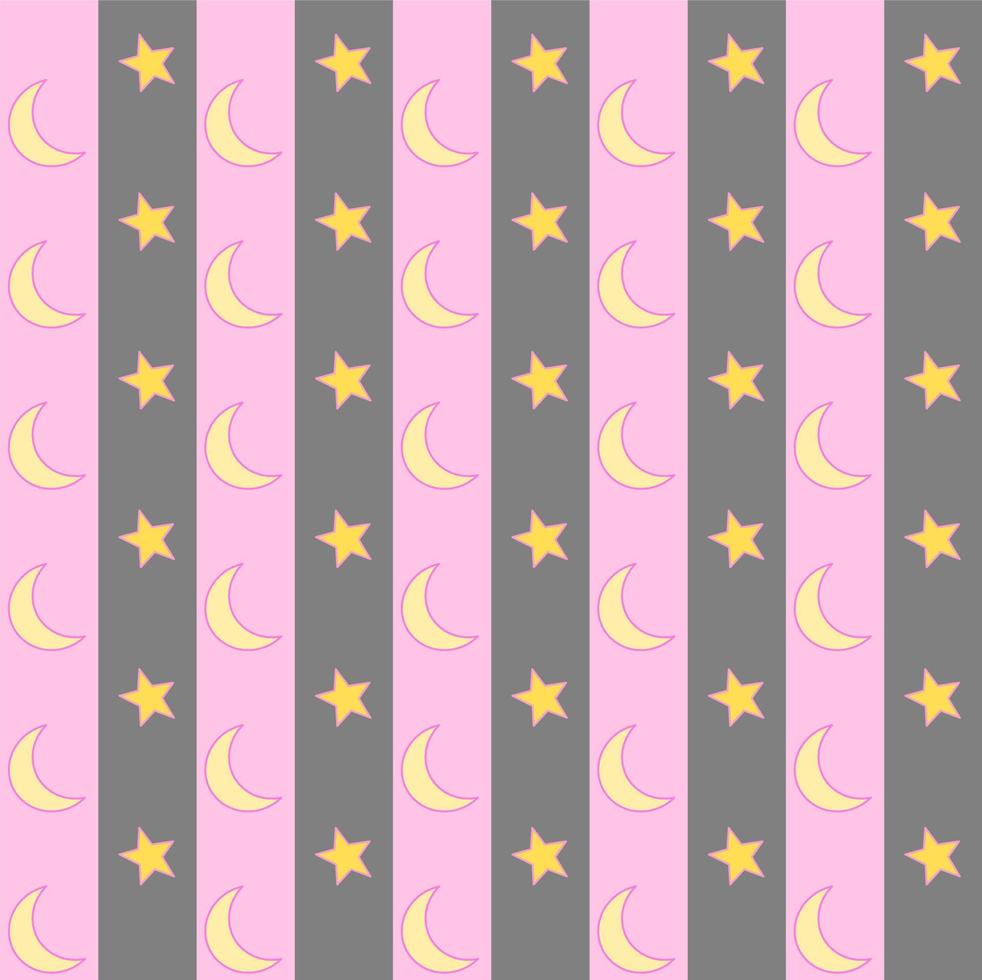 Sweet and beautiful vector design. Yellow moons and stars on pink and grey backgrounds. Seamless pattern. Vertical stripes arranged.