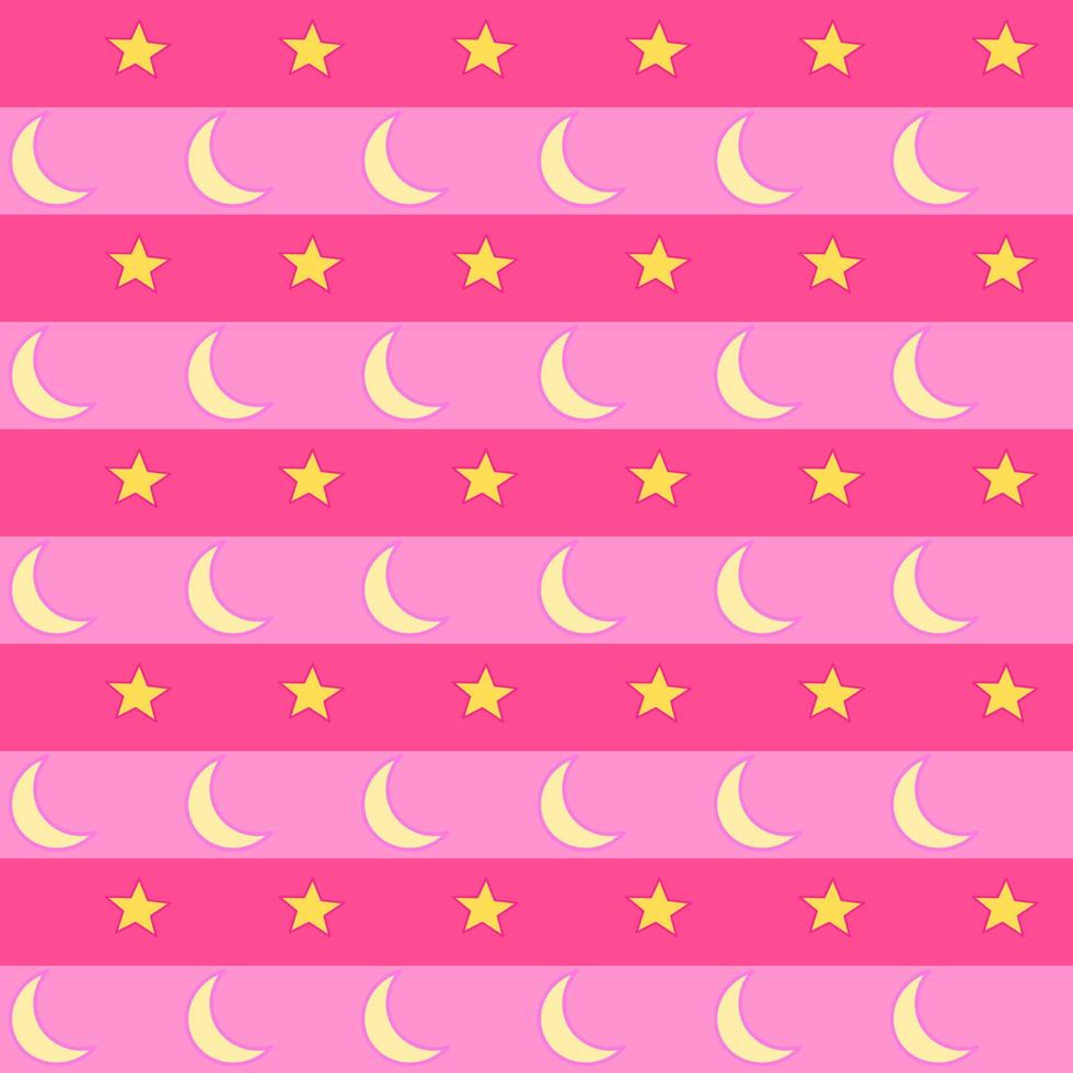 Sweet and beautiful vector design. Yellow moons and stars on pink tone background. Seamless pattern. Horizontal stripes arranged.