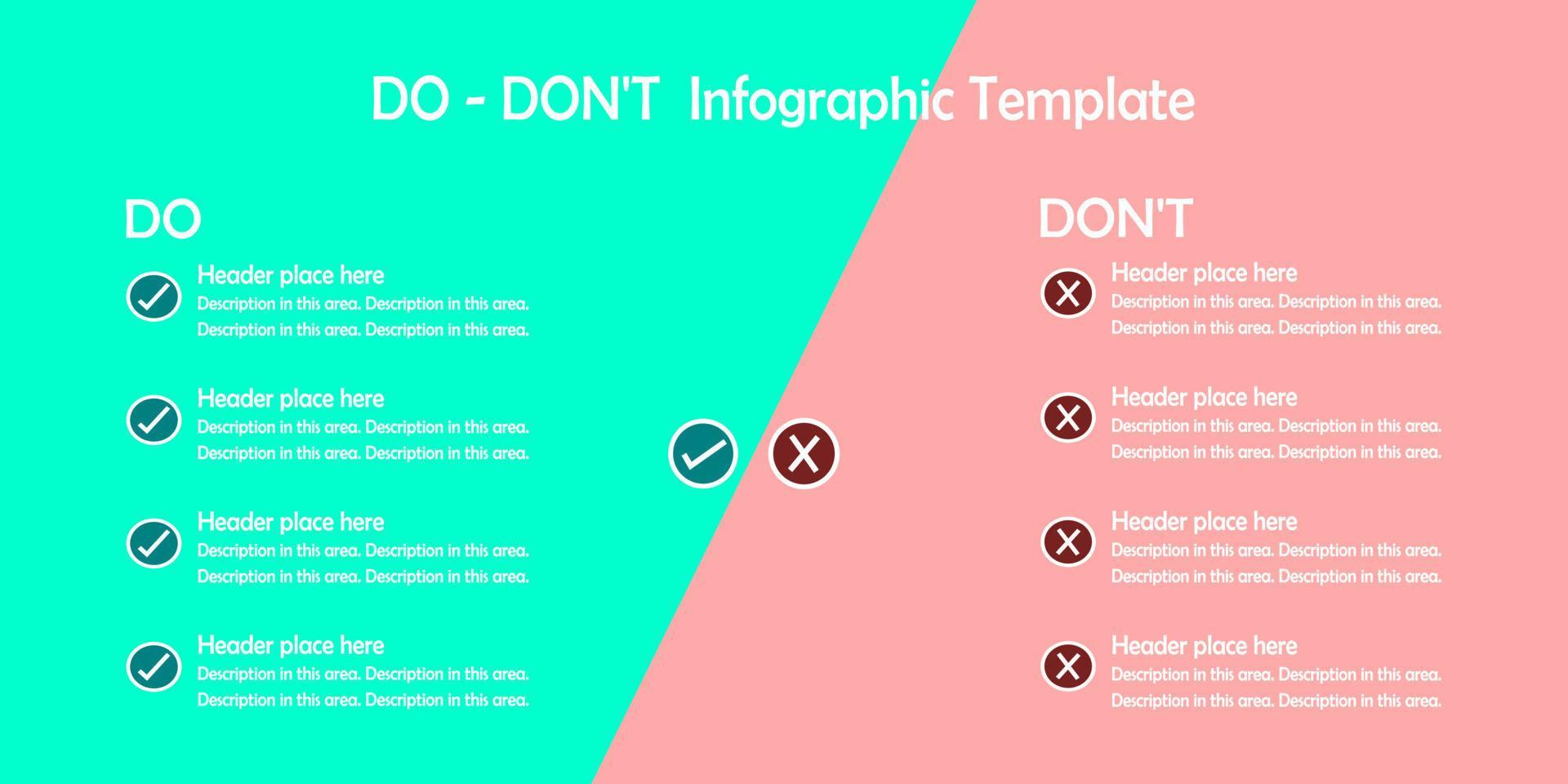 Infographic, List of Do vs Don't on white background. Checked and cross