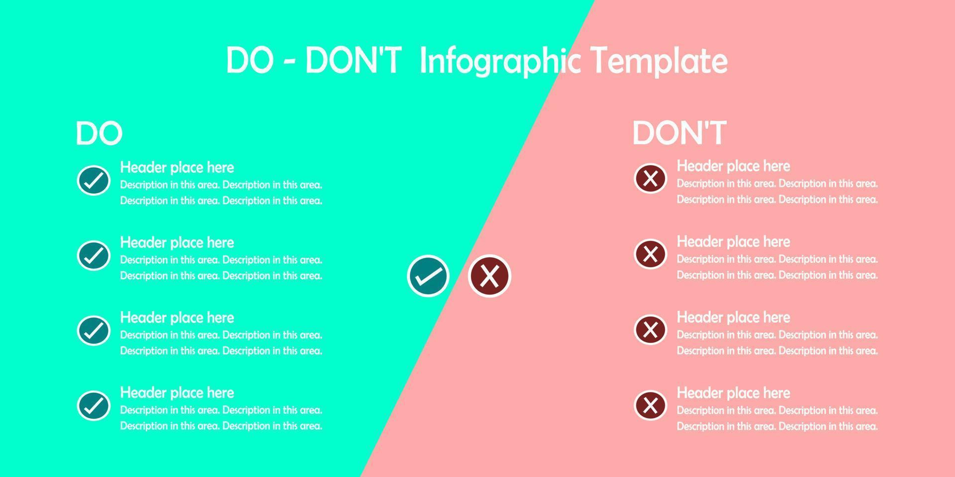 Infographic, List of Do vs Don't on white background. Checked and cross symbol. Green vs red sign. vector