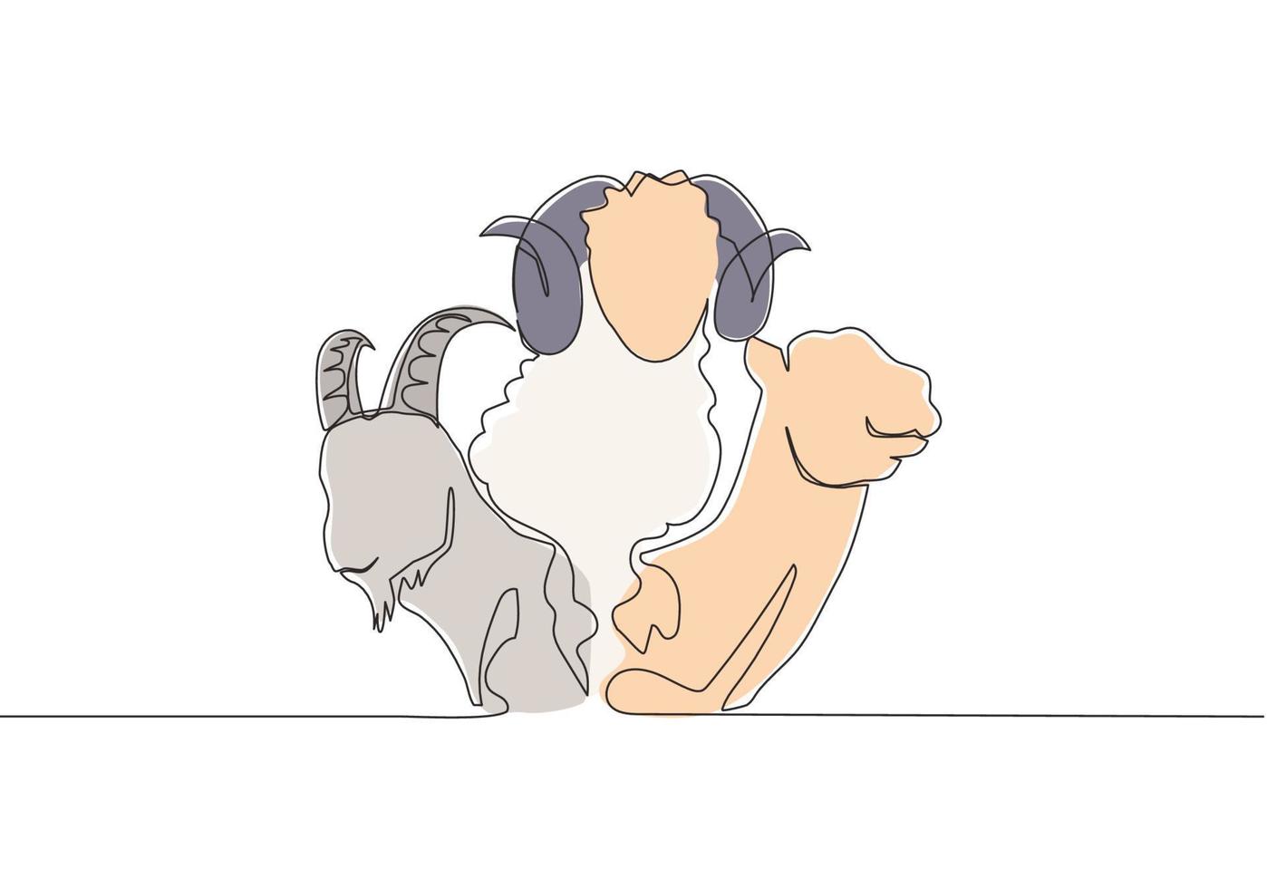 One single line drawing of camel, goat and sheep head. Muslim holiday the sacrifice an animal to God, Eid al Adha greeting card concept continuous line draw design illustration vector
