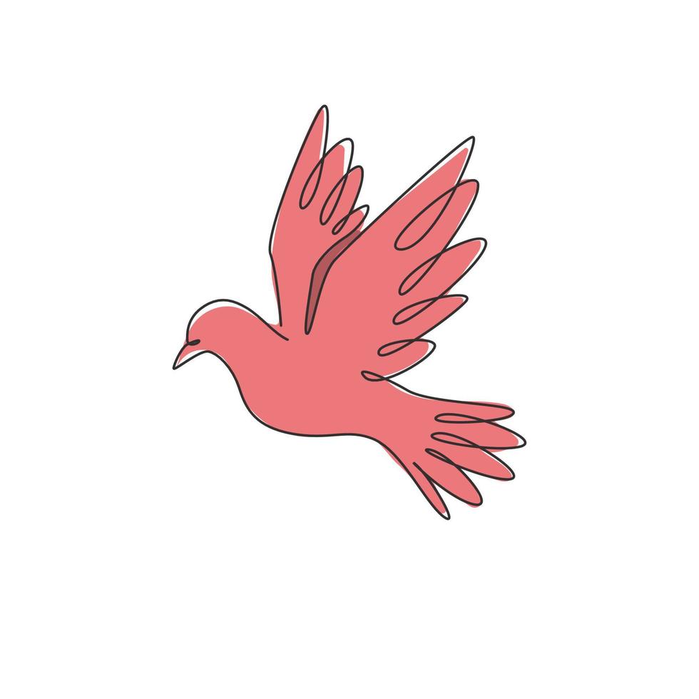 Single continuous line drawing of adorable flying dove bird for logo identity. Cute pigeon mascot concept for freedom and peace movement icon. Modern one line draw design vector graphic illustration