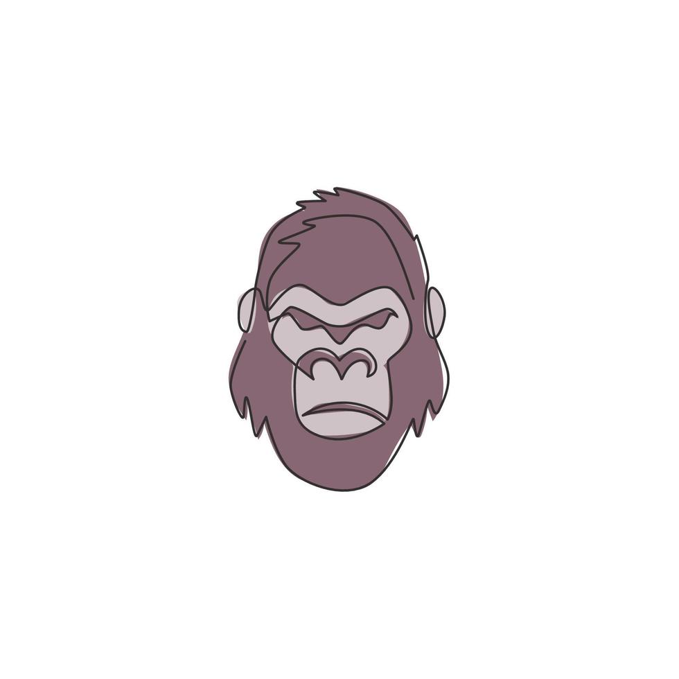 un dibujo de una sola línea de cabeza de gorila para la identidad del logotipo de la empresa. concepto de mascota de cara de animal mono fuerte para icono corporativo. Ilustración de vector de diseño gráfico de dibujo de línea continua de moda