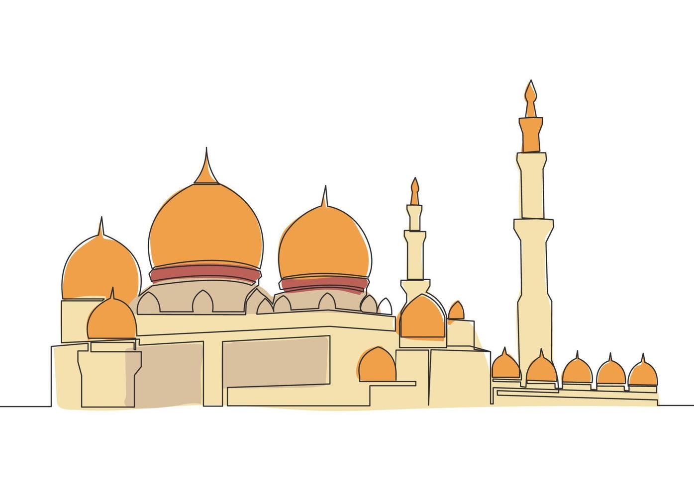 uno soltero línea dibujo de islámico histórico Hazme punto de referencia masjid o mezquita. santo sitio a oración para islam personas concepto continuo línea dibujar diseño vector ilustración