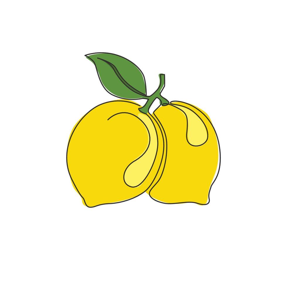 One continuous line drawing of whole healthy organic lemon for orchard logo identity. Fresh lemonade fruitage concept for fruit garden icon. Modern single line draw design vector graphic illustration