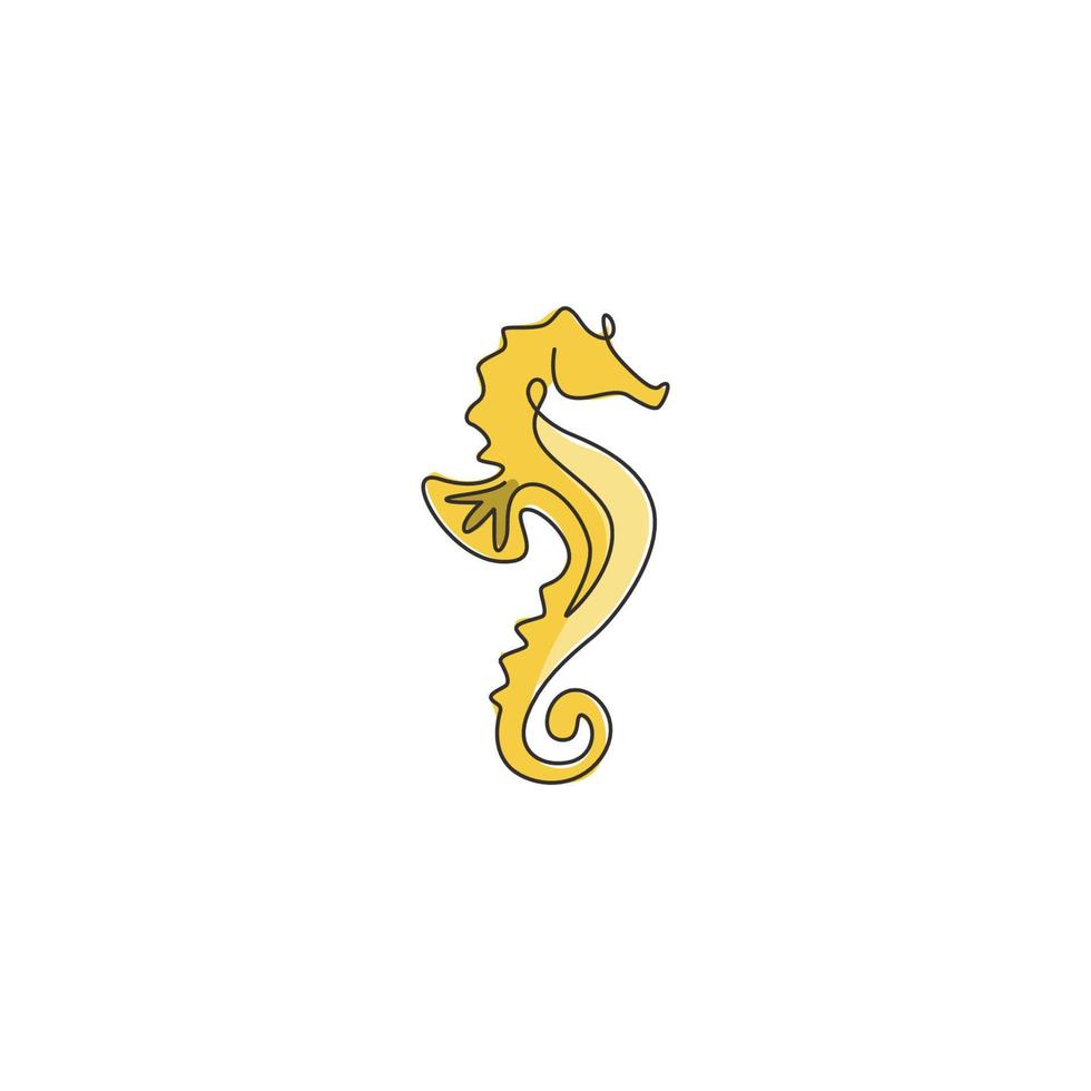 Single continuous line drawing of sea horse for marine logo identity. Tiny hippocampus animal mascot concept for aquarium show icon. Modern one line draw design vector illustration