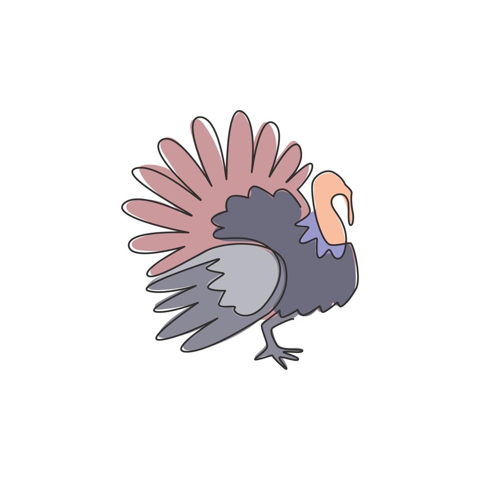One continuous line drawing of large turkey for livestock logo identity. Giant avian mascot concept for animal husbandry icon. Modern single line graphic draw design vector illustration