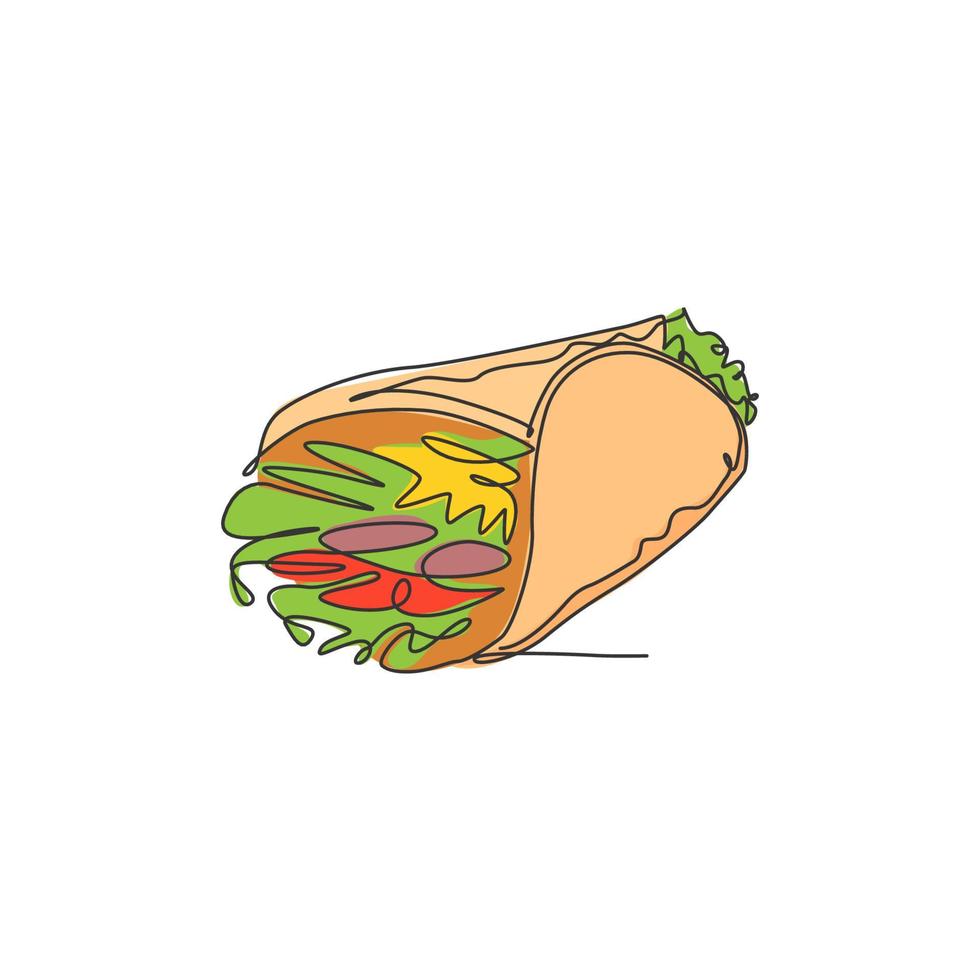 un dibujo de línea continua del delicioso emblema del logotipo del restaurante de burritos en línea mexicanos frescos. concepto de plantilla de logotipo de tienda de café nacho de comida rápida. ilustración de vector de diseño de dibujo de línea única moderna