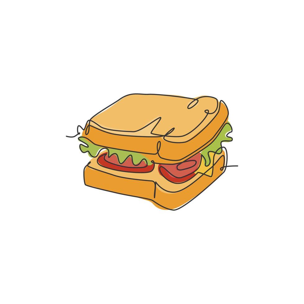 un dibujo de una sola línea de la ilustración de arte gráfico vectorial del logotipo de sándwich fresco. menú de cafetería de comida rápida para perros calientes y concepto de placa de restaurante. diseño de dibujo de línea continua moderna logotipo de comida callejera vector