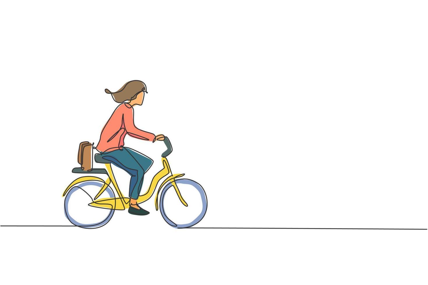 Single continuous line drawing of young professional businesswoman riding bicycle to her company. Bike to work, eco friendly transportation concept. Trendy one line draw design vector illustration