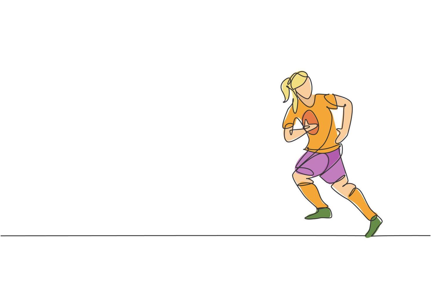 un dibujo de una sola línea de un joven y enérgico jugador de rugby corriendo y sosteniendo la ilustración vectorial de la pelota. concepto de deporte saludable. diseño moderno de dibujo de línea continua para el cartel del torneo de baloncesto vector
