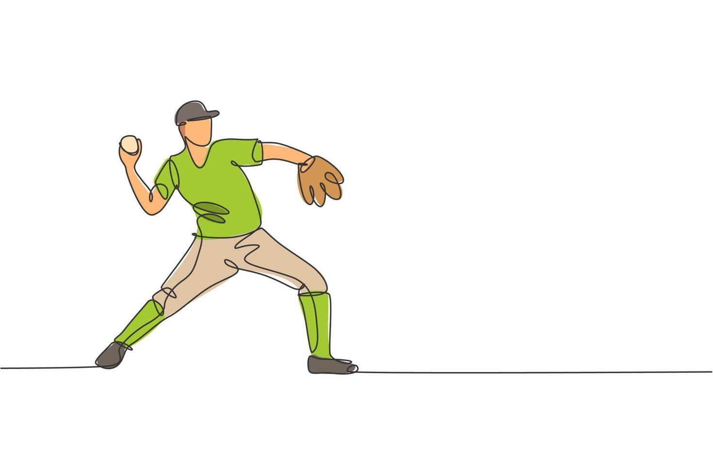 un dibujo de una sola línea de la práctica de un joven jugador de béisbol enérgico para lanzar la ilustración vectorial de la pelota. concepto de entrenamiento deportivo. diseño moderno de dibujo de línea continua para la pancarta del torneo de béisbol vector