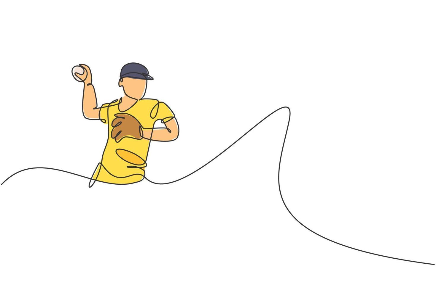 One single line drawing of young energetic man baseball pitcher train to throw the ball vector illustration. Sport training concept. Modern continuous line draw design for baseball tournament banner