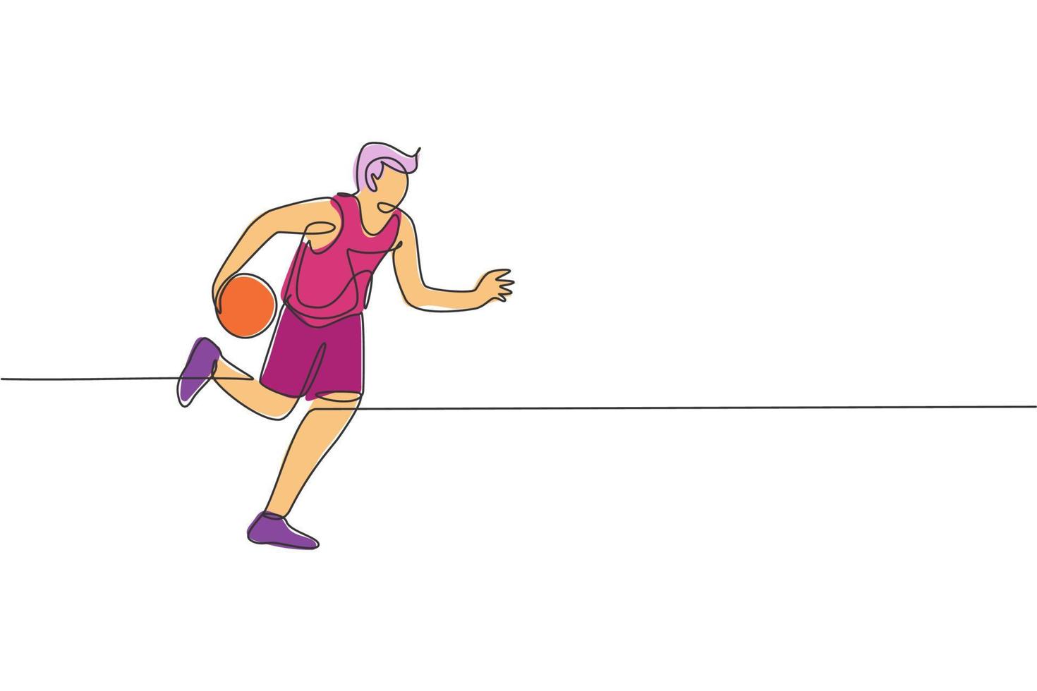 un dibujo de una sola línea de un joven jugador de baloncesto enérgico que regatea la ilustración vectorial. concepto de competición deportiva. diseño moderno de dibujo de línea continua para afiches y pancartas de torneos de baloncesto vector