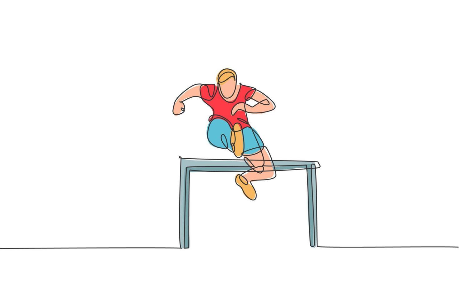 un dibujo de línea continua de un joven corredor deportivo saltando obstáculos en la pista de atletismo. concepto de deporte de actividad de salud. ilustración de vector de diseño de dibujo de línea única dinámica para ejecutar cartel de evento