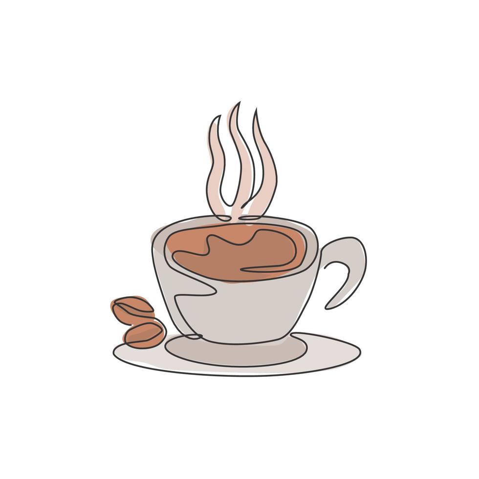 un dibujo de línea continua del emblema del logotipo de la taza de café espresso aromático fresco. concepto de plantilla de logotipo de cafetería de bebidas. ilustración de vector de tienda de bebida de café de diseño de dibujo de línea única moderna