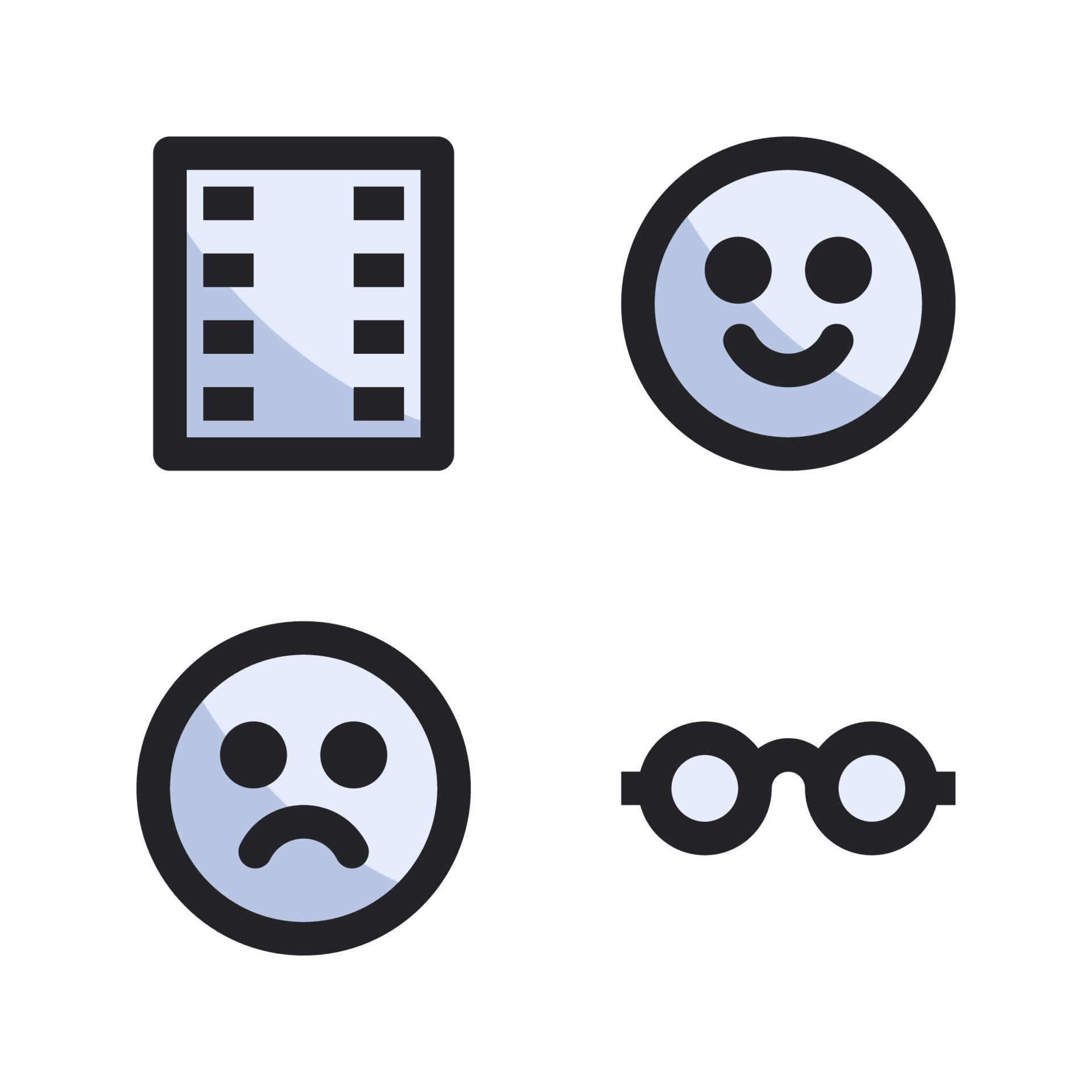 User Interface icons set. Film reel, emoji, bad, eyeglasses. Perfect