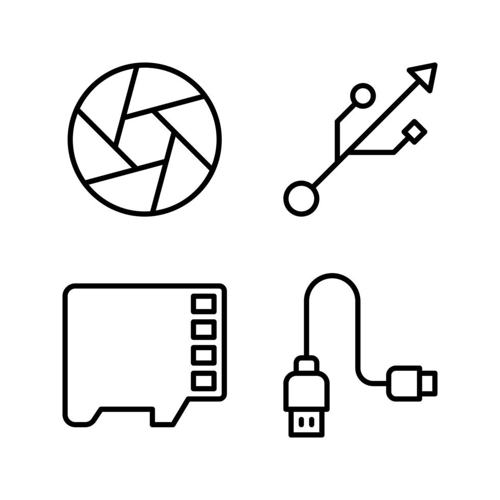 Photography icons set. Lens, transfer data, card, plug. Perfect for website mobile app, app icons, presentation, illustration and any other projects vector