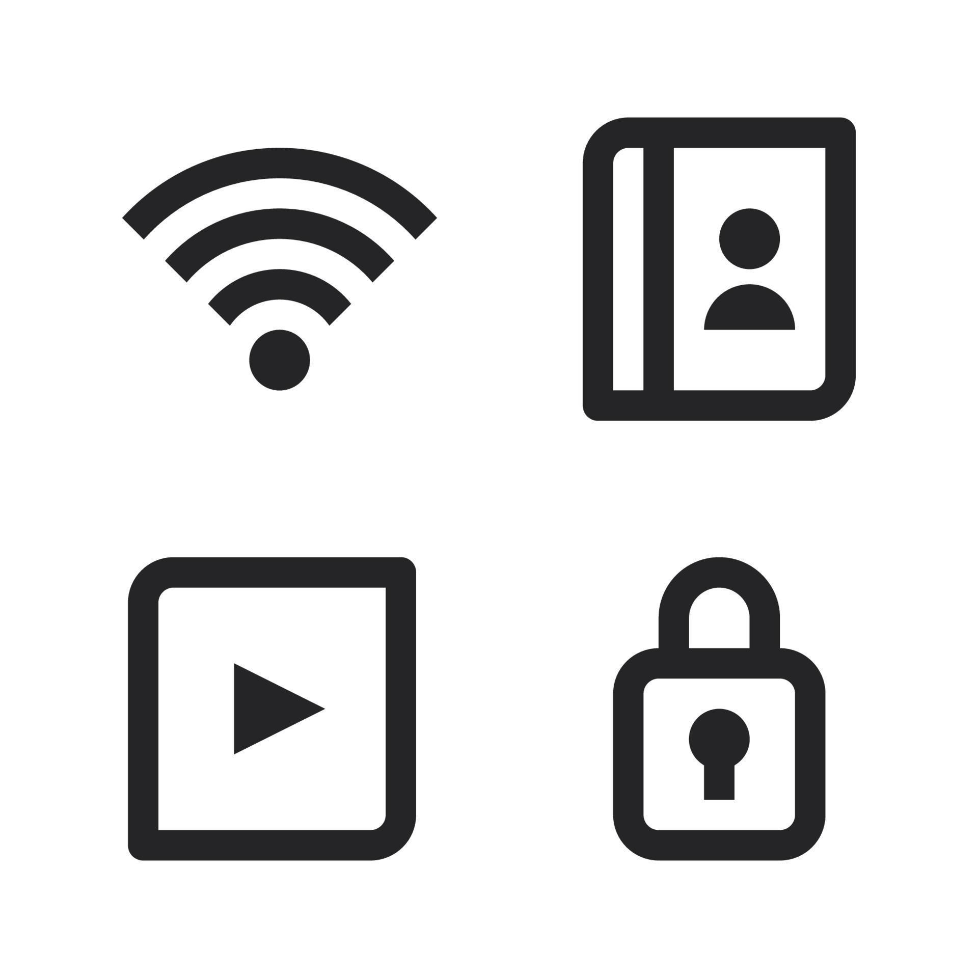 User Interface Icons Set. Wifi signal, contact book, play, padlock