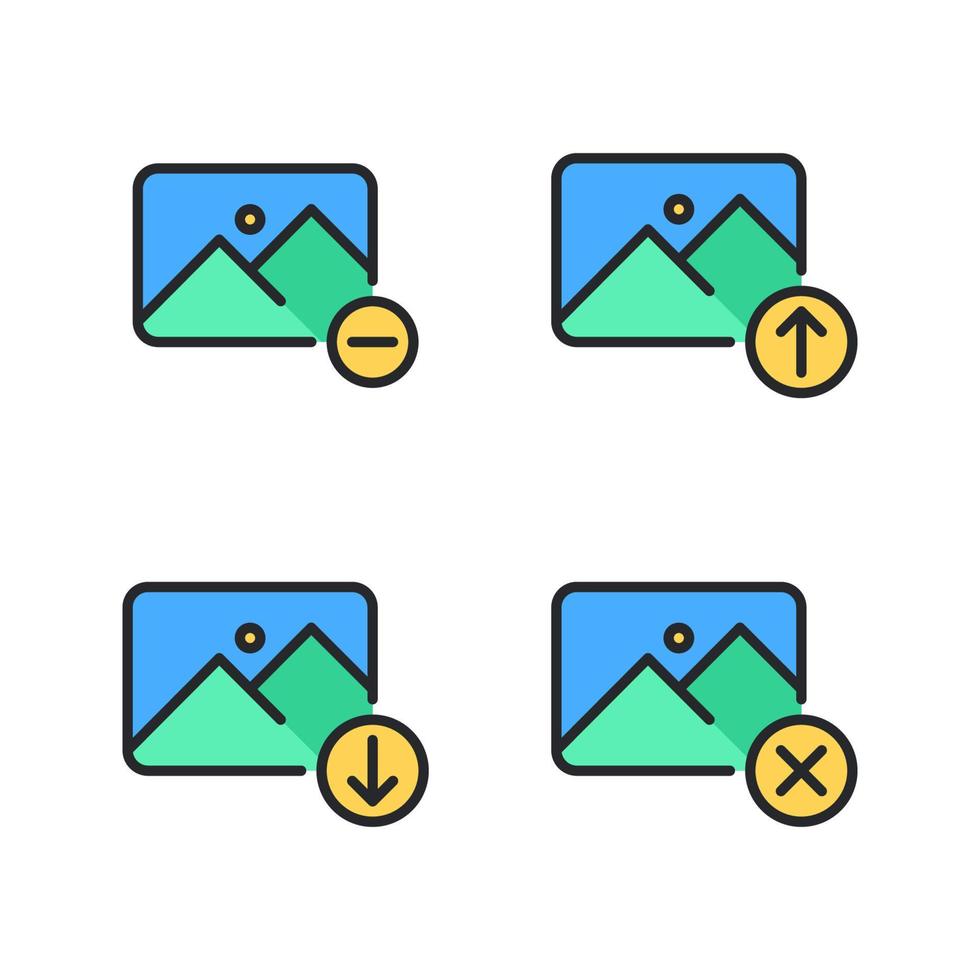 Photography icons set. Image delete, upload image, download image, cancel. Perfect for website mobile app, app icons, presentation, illustration and any other projects vector