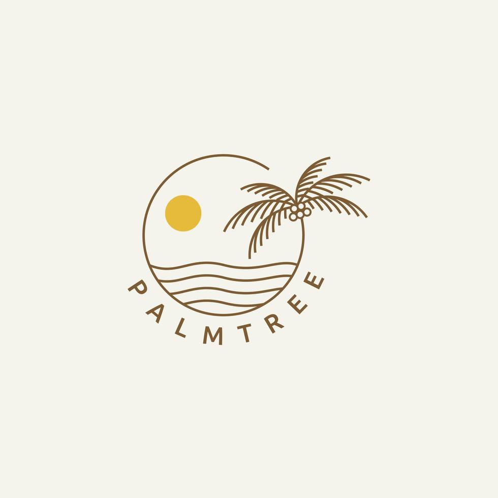 diseño minimalista del logo de palm sun y island beach. línea arte vintage retro vector icono ilustración