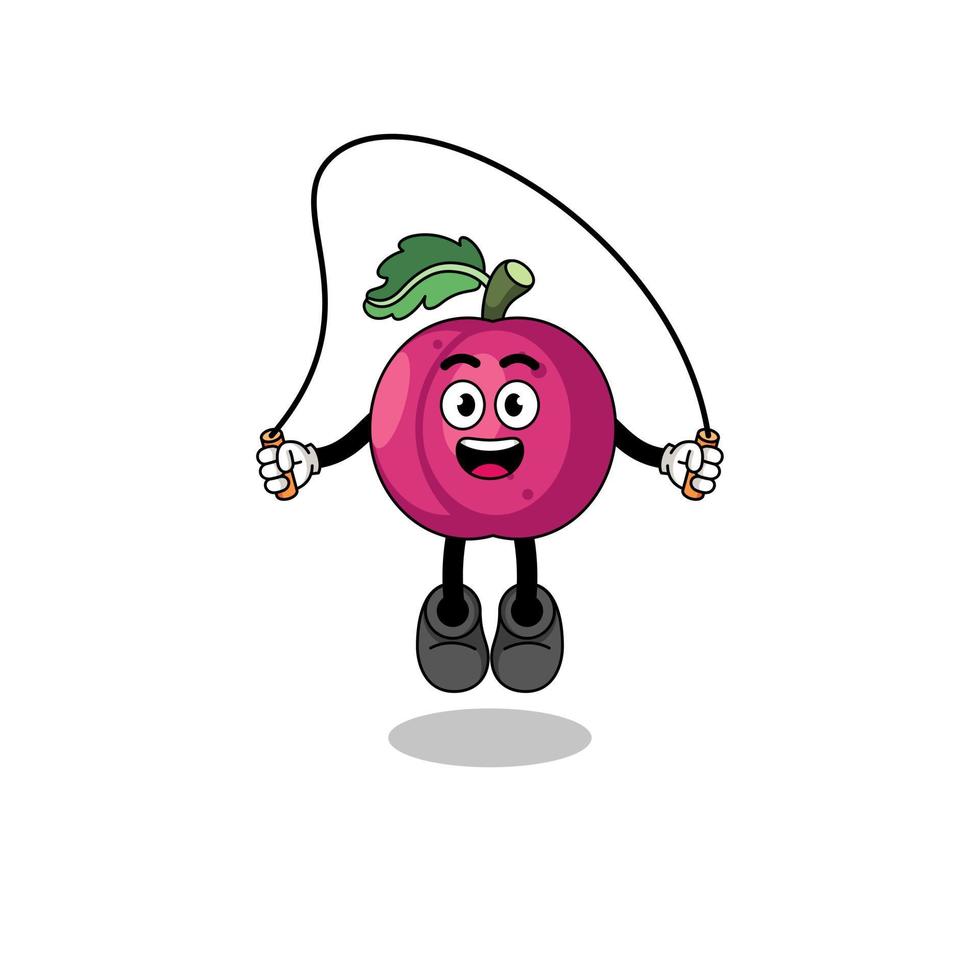 plum fruit mascot cartoon is playing skipping rope vector