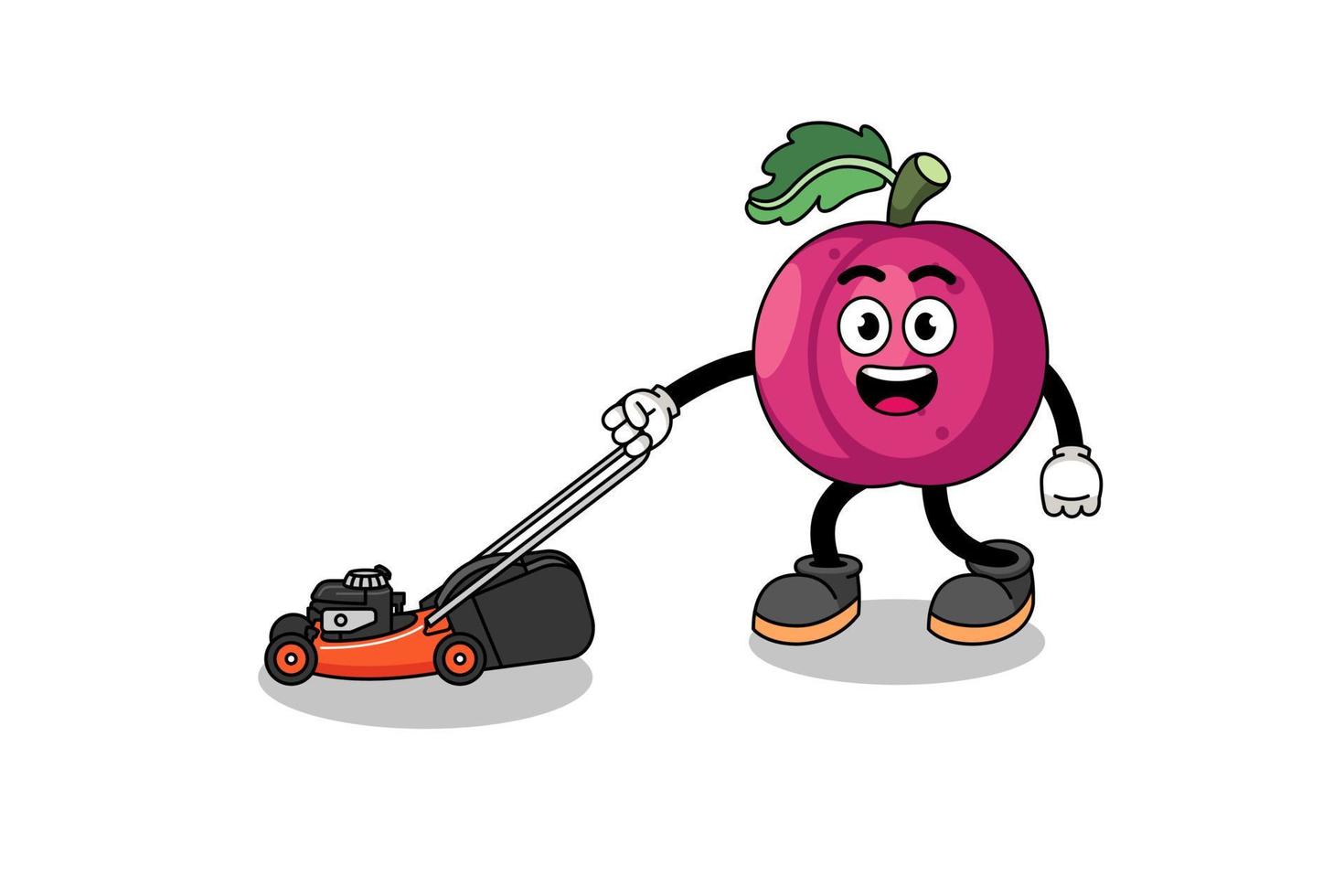 plum fruit illustration cartoon holding lawn mower vector