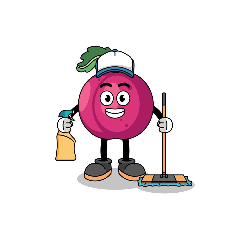 personaje mascota de ciruela Fruta como un limpieza servicios vector