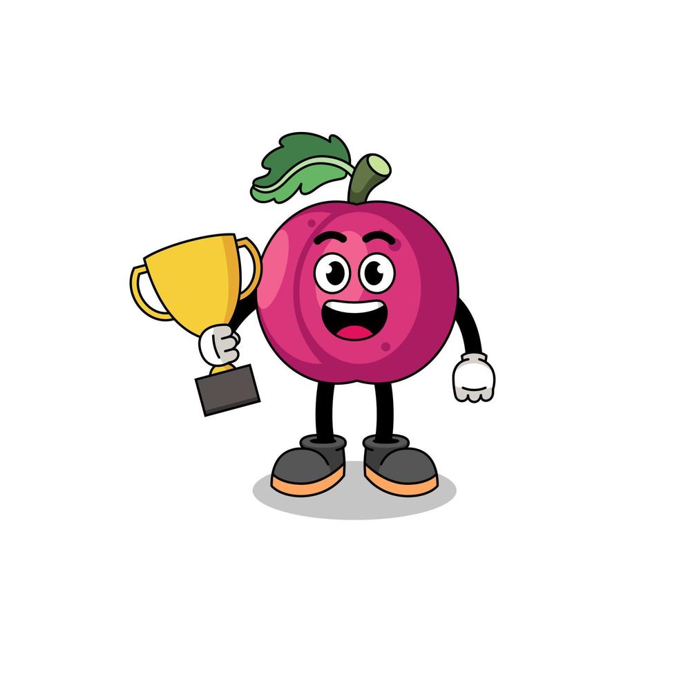 Cartoon mascot of plum fruit holding a trophy vector