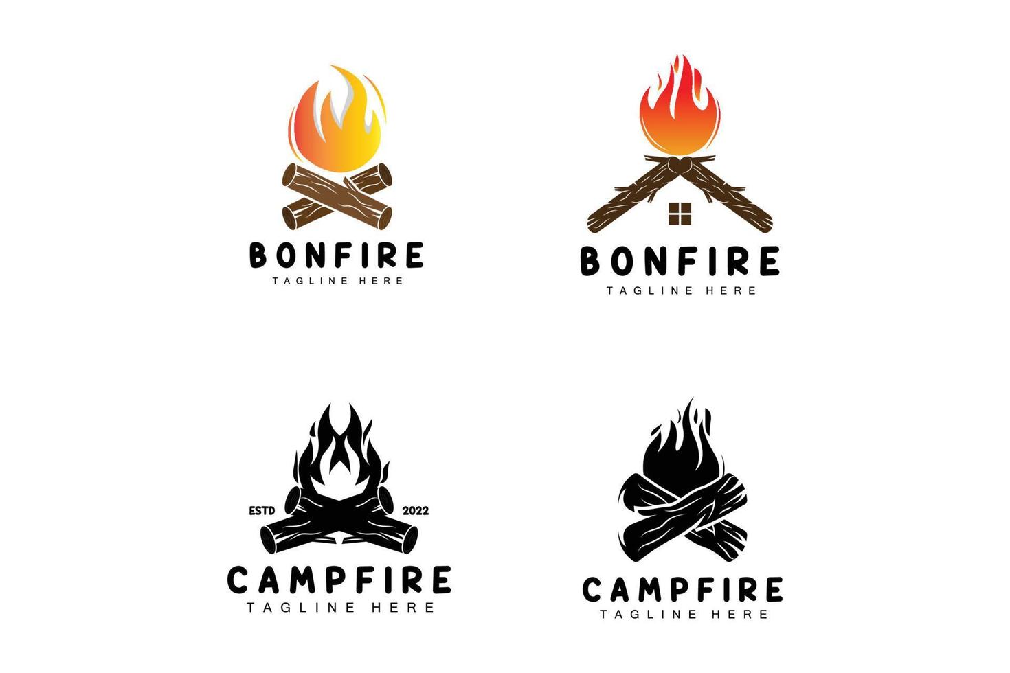 diseño de logotipo de fogata, vector de camping, fuego de madera y diseño forestal