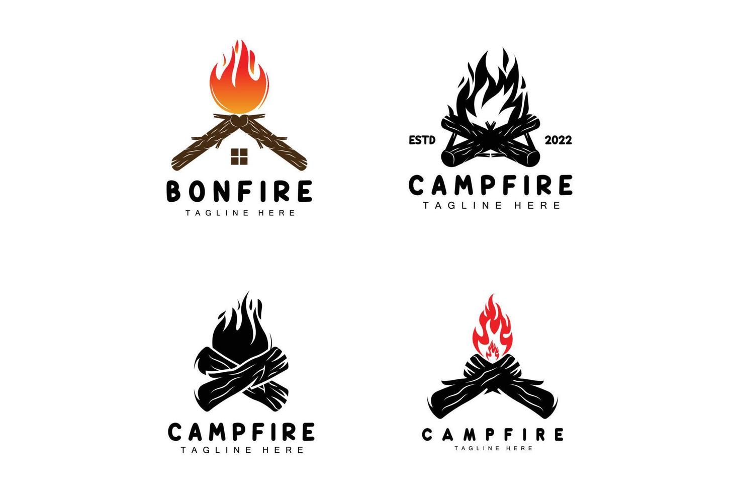 diseño de logotipo de fogata, vector de camping, fuego de madera y diseño forestal