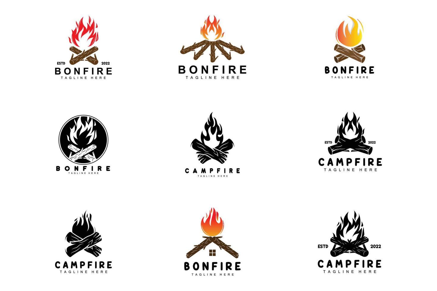 diseño de logotipo de fogata, vector de camping, fuego de madera y diseño forestal