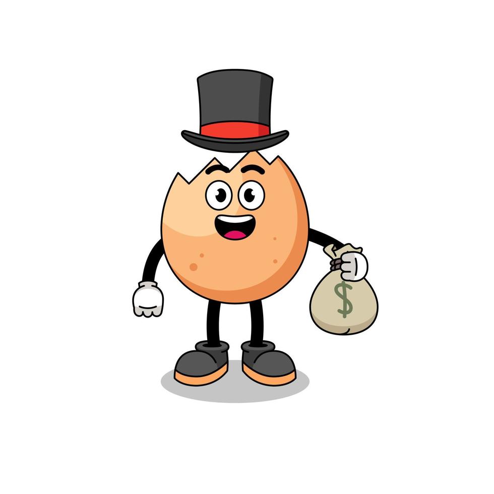 cracked egg mascot illustration rich man holding a money sack vector