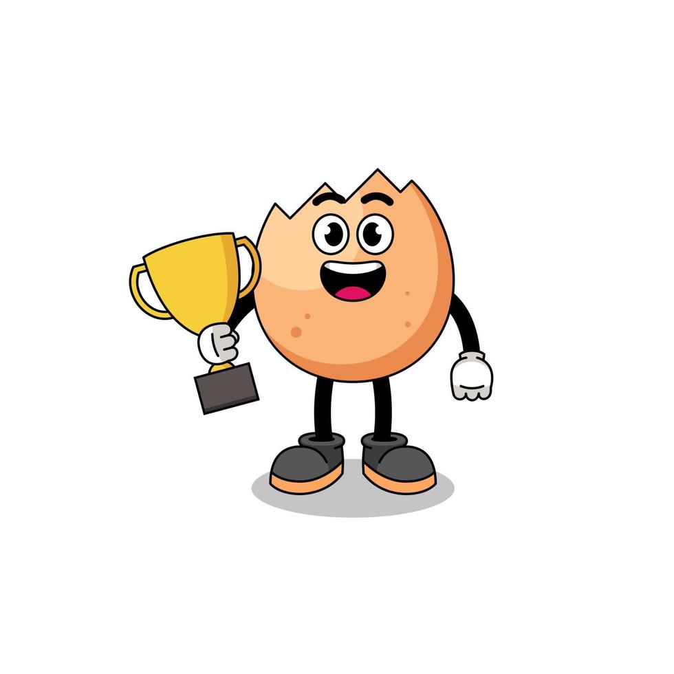 Cartoon mascot of cracked egg holding a trophy vector
