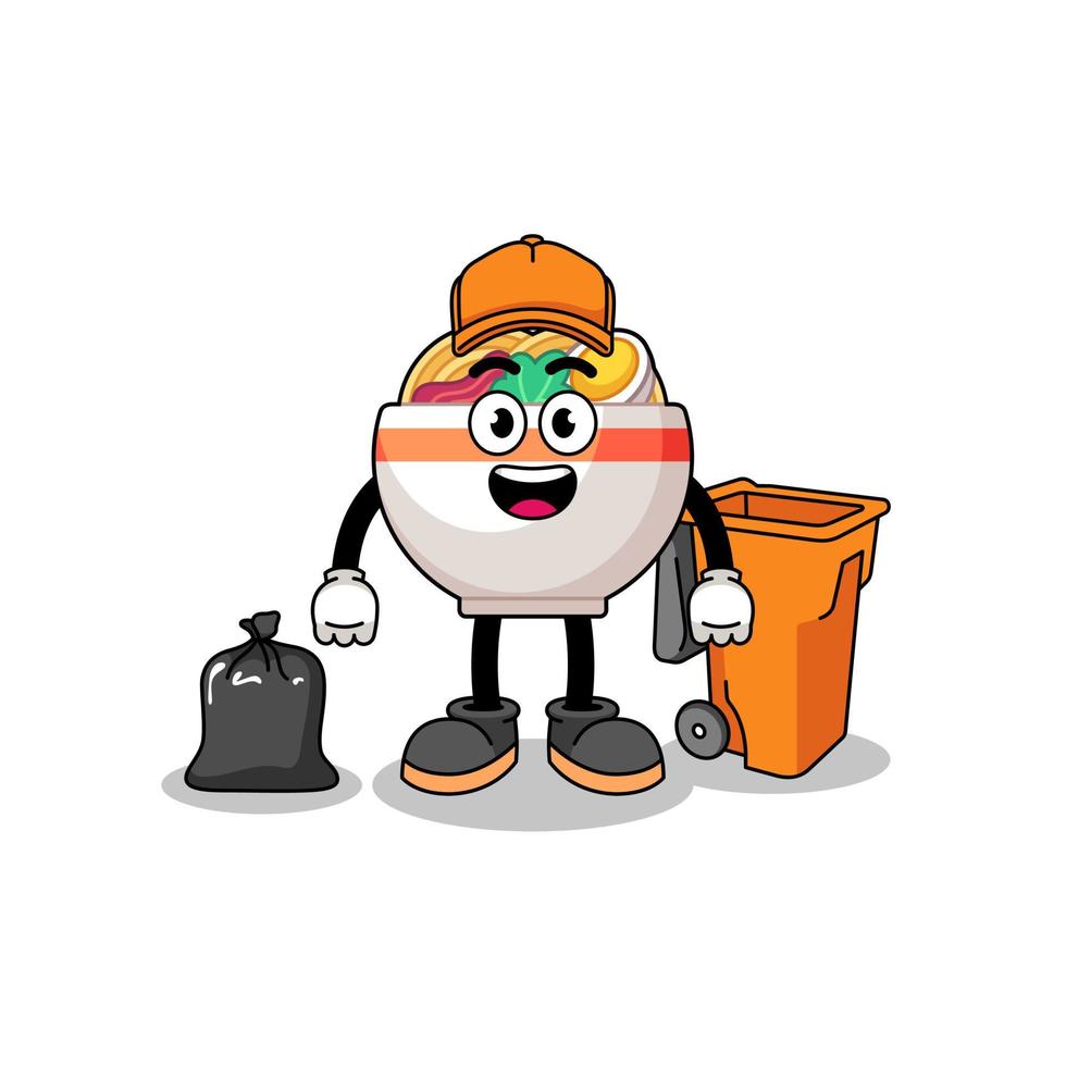 Illustration of noodle bowl cartoon as a garbage collector vector