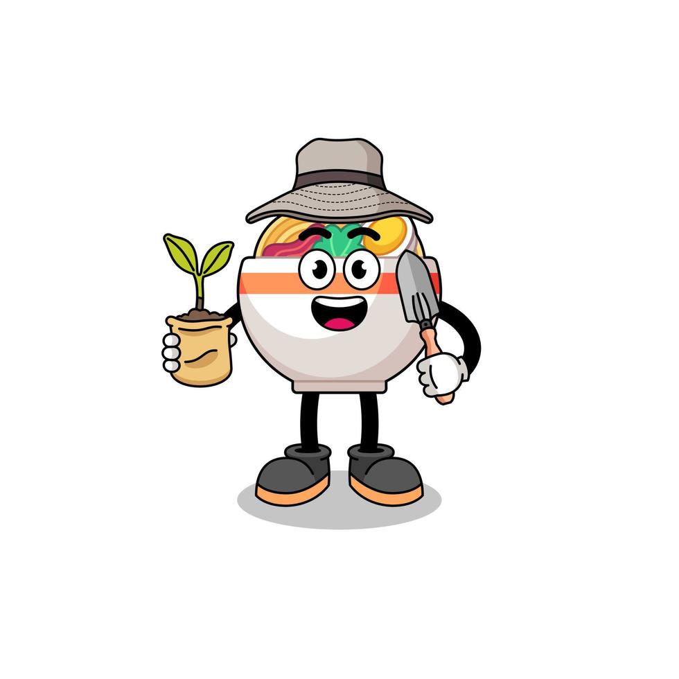Illustration of noodle bowl cartoon holding a plant seed vector