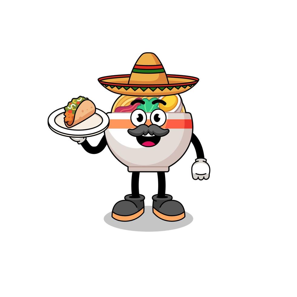 personaje dibujos animados de fideos cuenco como un mexicano cocinero vector