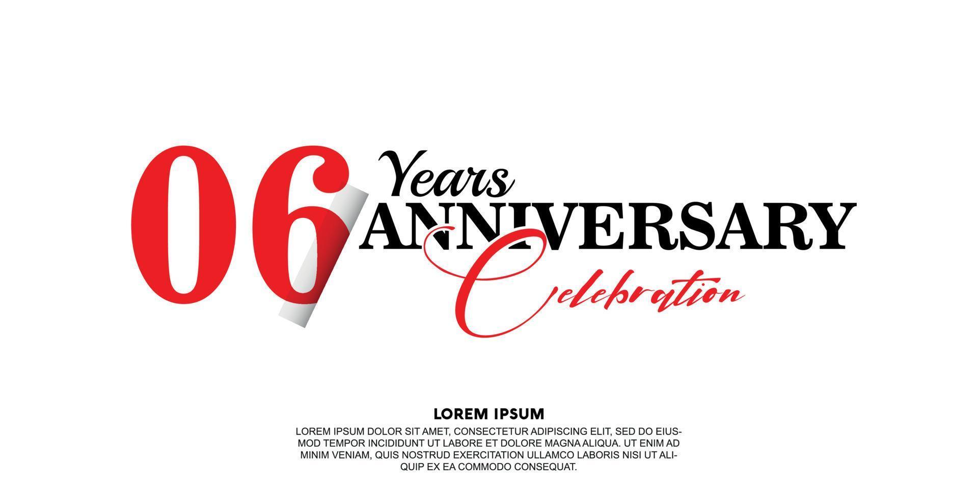 06 year anniversary celebration logo vector design with red and black color on white background abstract
